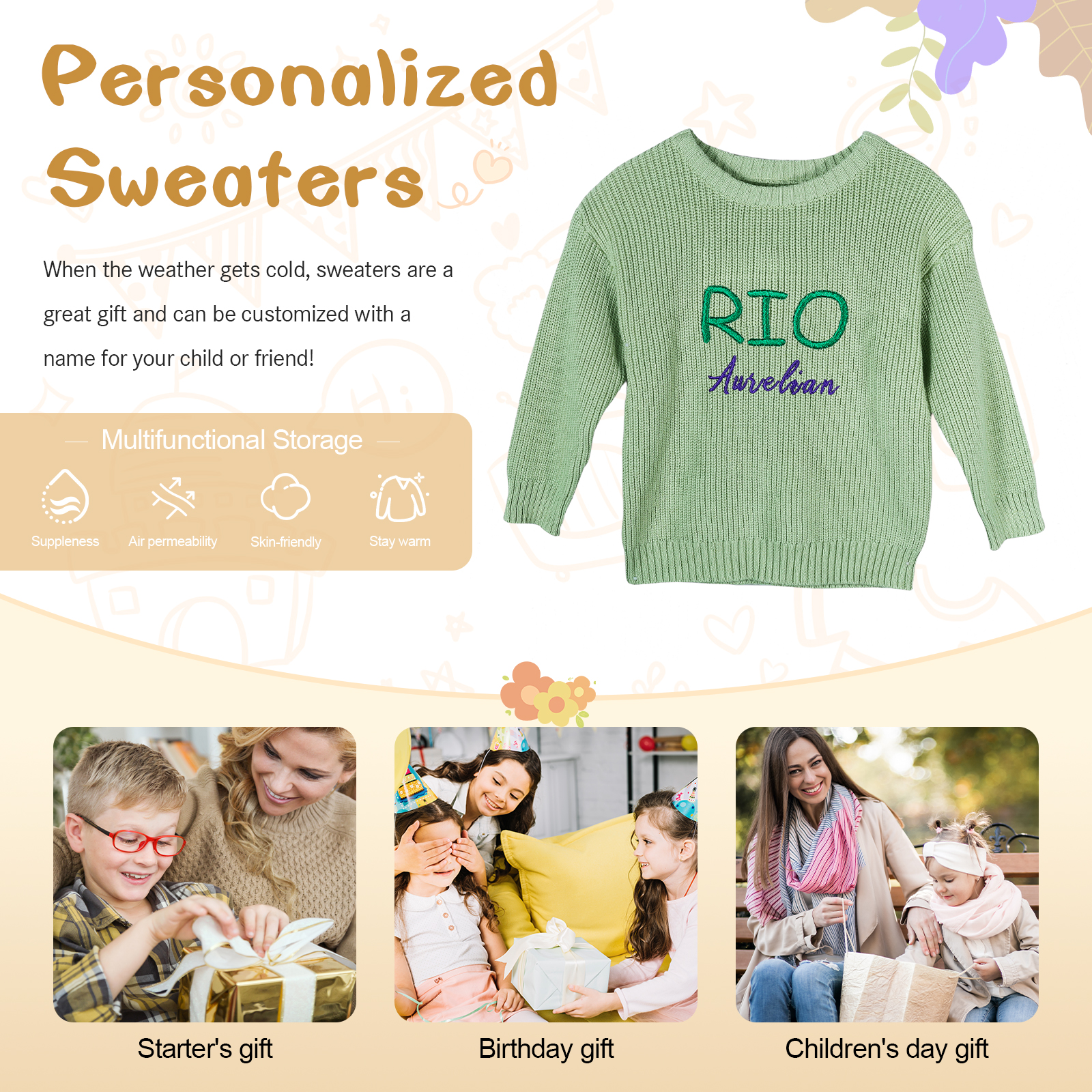 Personalised Kids Sweater Custom Knit Sweater with 1 Name Hand Embroidered Oversized Sweater Chunky Knit Name Jumper Newborn Baby Toddler Kids gift