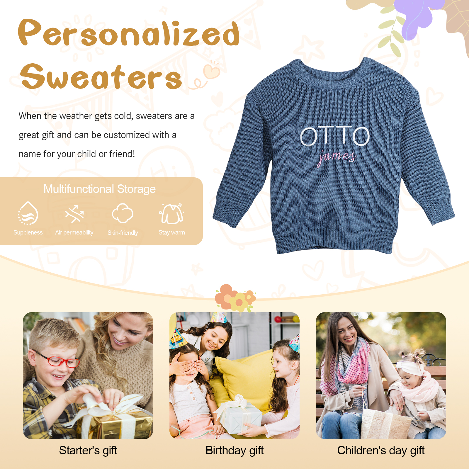 Personalised Kids Sweater Custom Knit Sweater with 1 Name Hand Embroidered Oversized Sweater Chunky Knit Name Jumper Newborn Baby Toddler Kids gift