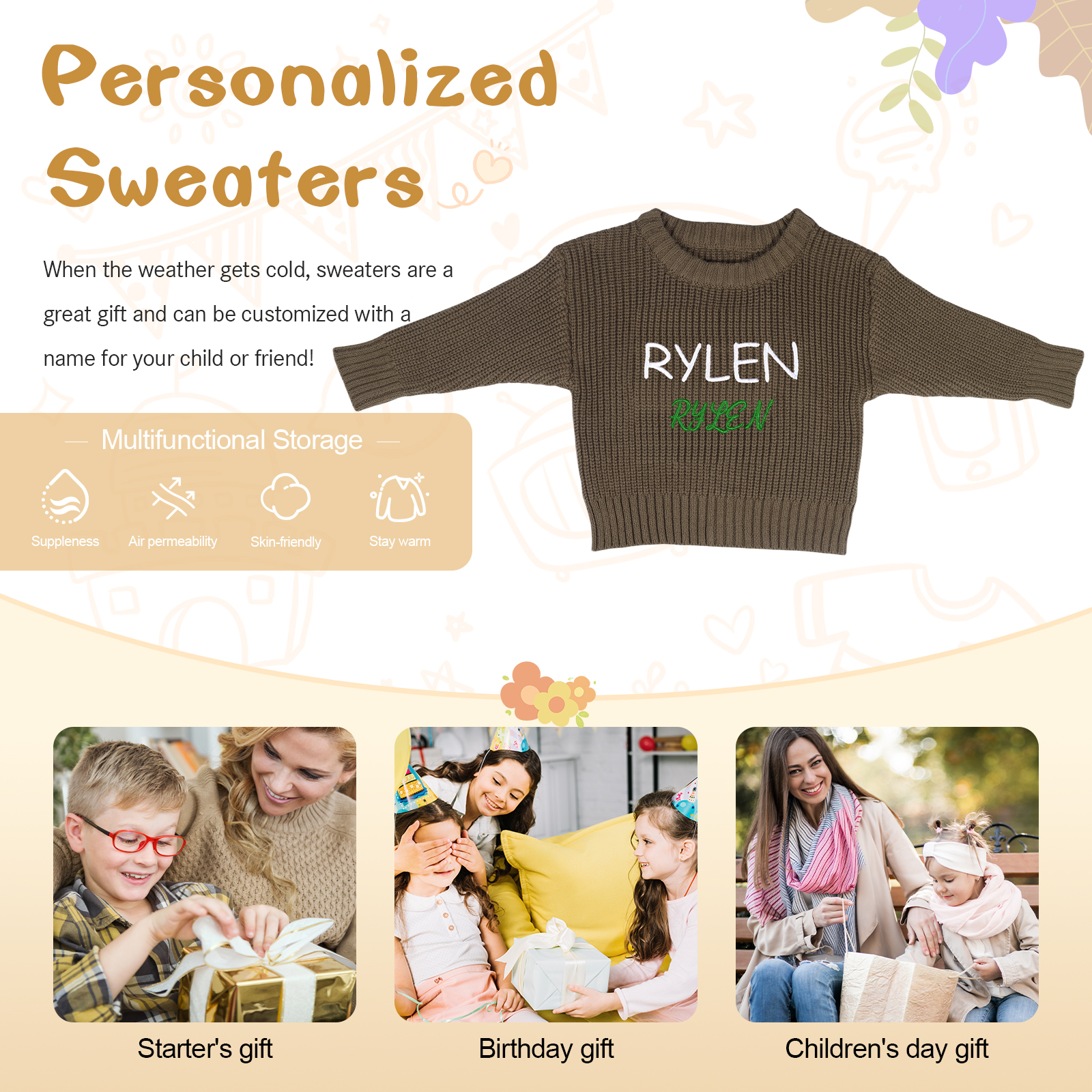 Personalised Kids Sweater Custom Knit Sweater with 1 Name Hand Embroidered Oversized Sweater Chunky Knit Name Jumper Newborn Baby Toddler Kids gift