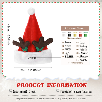 Christmas Hat with reindeer antlers and a personalised name in different fonts