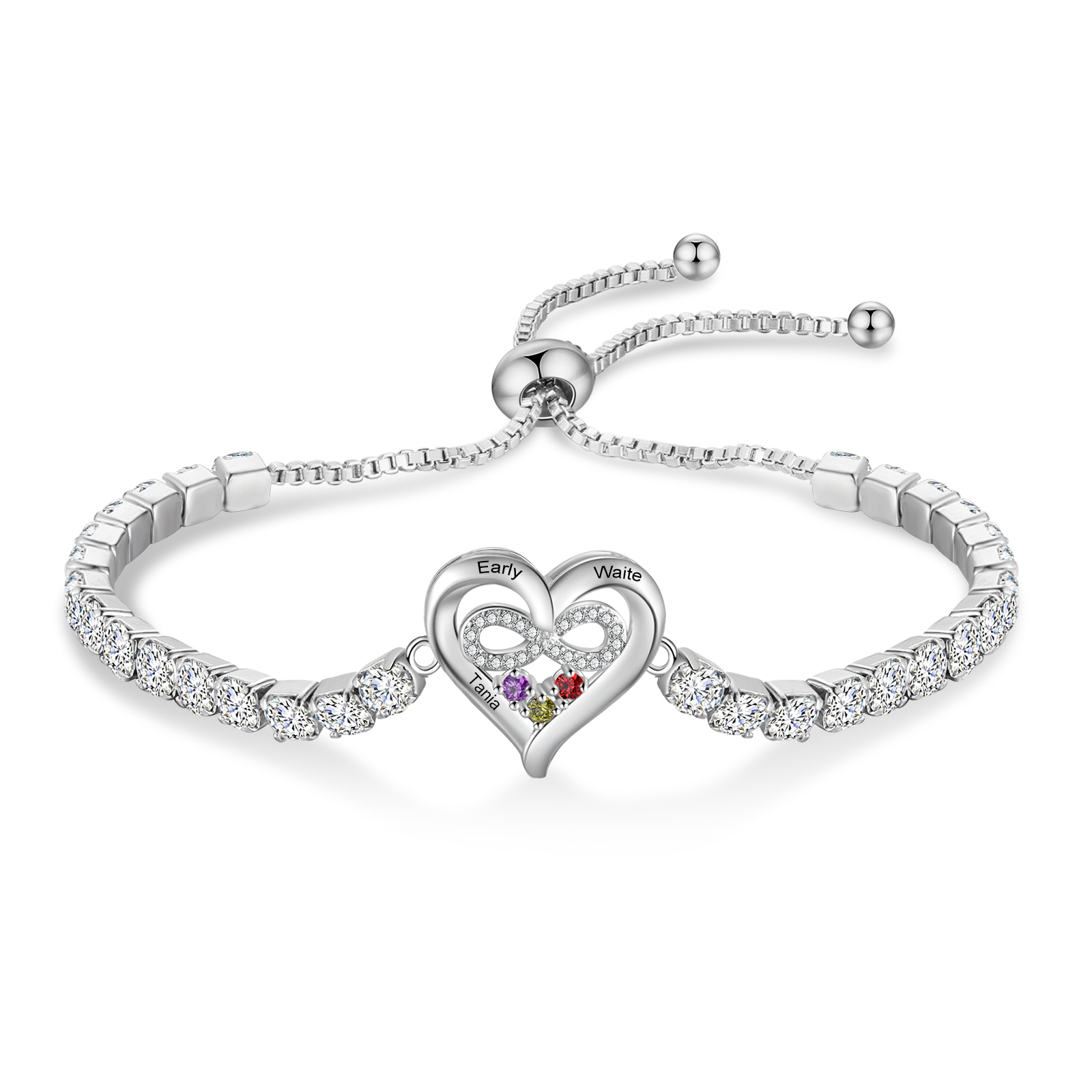 Personalised Birthstone Heart Tennis Infinity Loop Bracelet