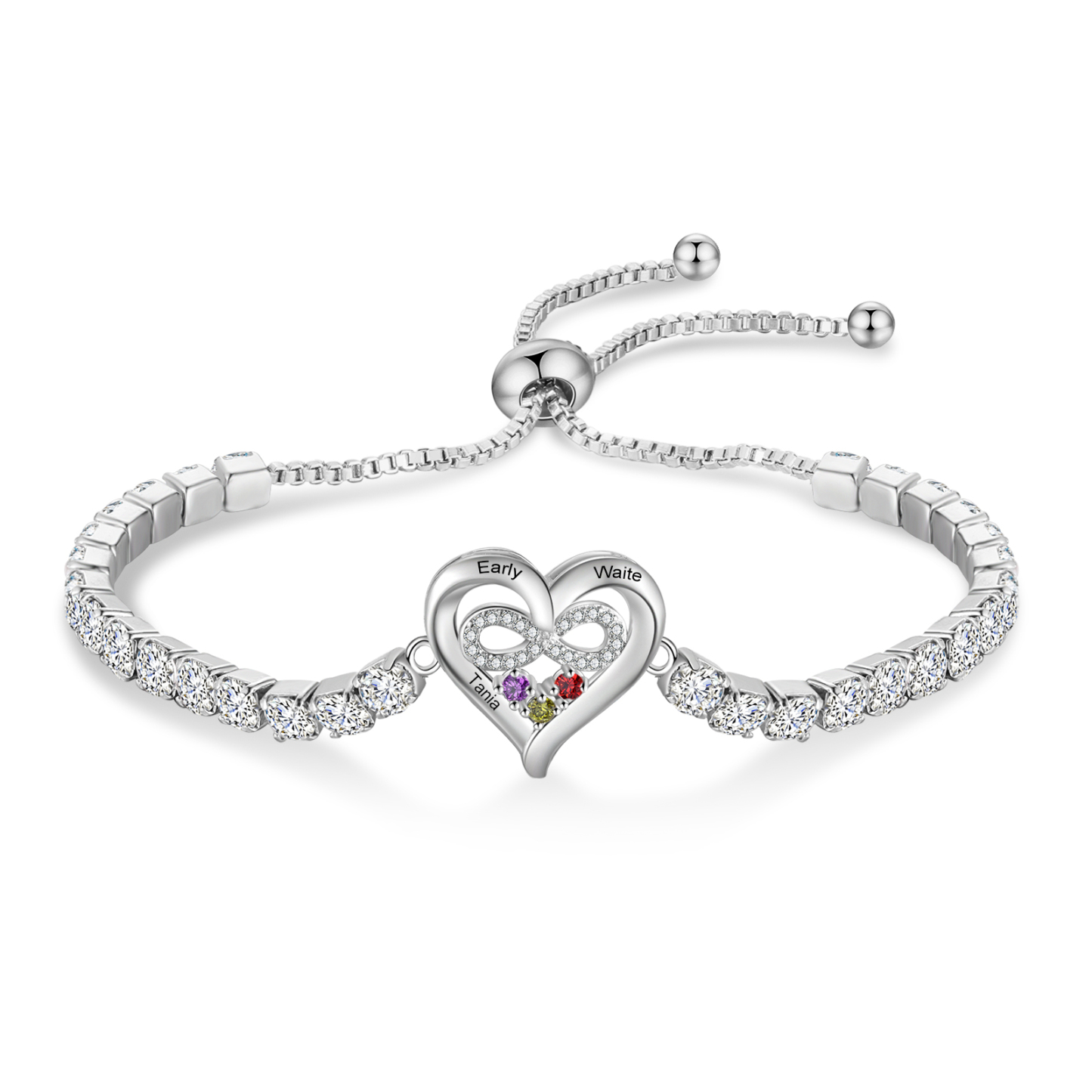 Personalised Birthstone Heart Tennis Infinity Loop Bracelet