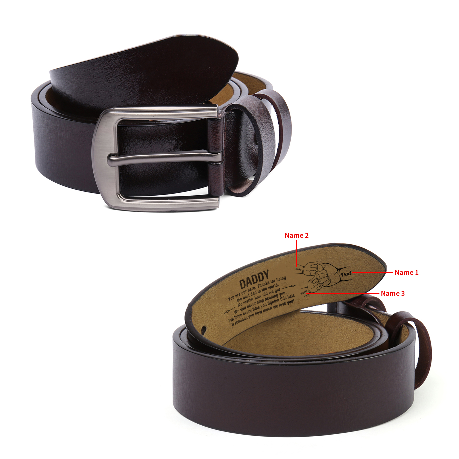 Personalised Leather Belt with 2-7 Names and Fist Bump Engraving Thoughtful Father’s Day Gift for Dad | Jessemade