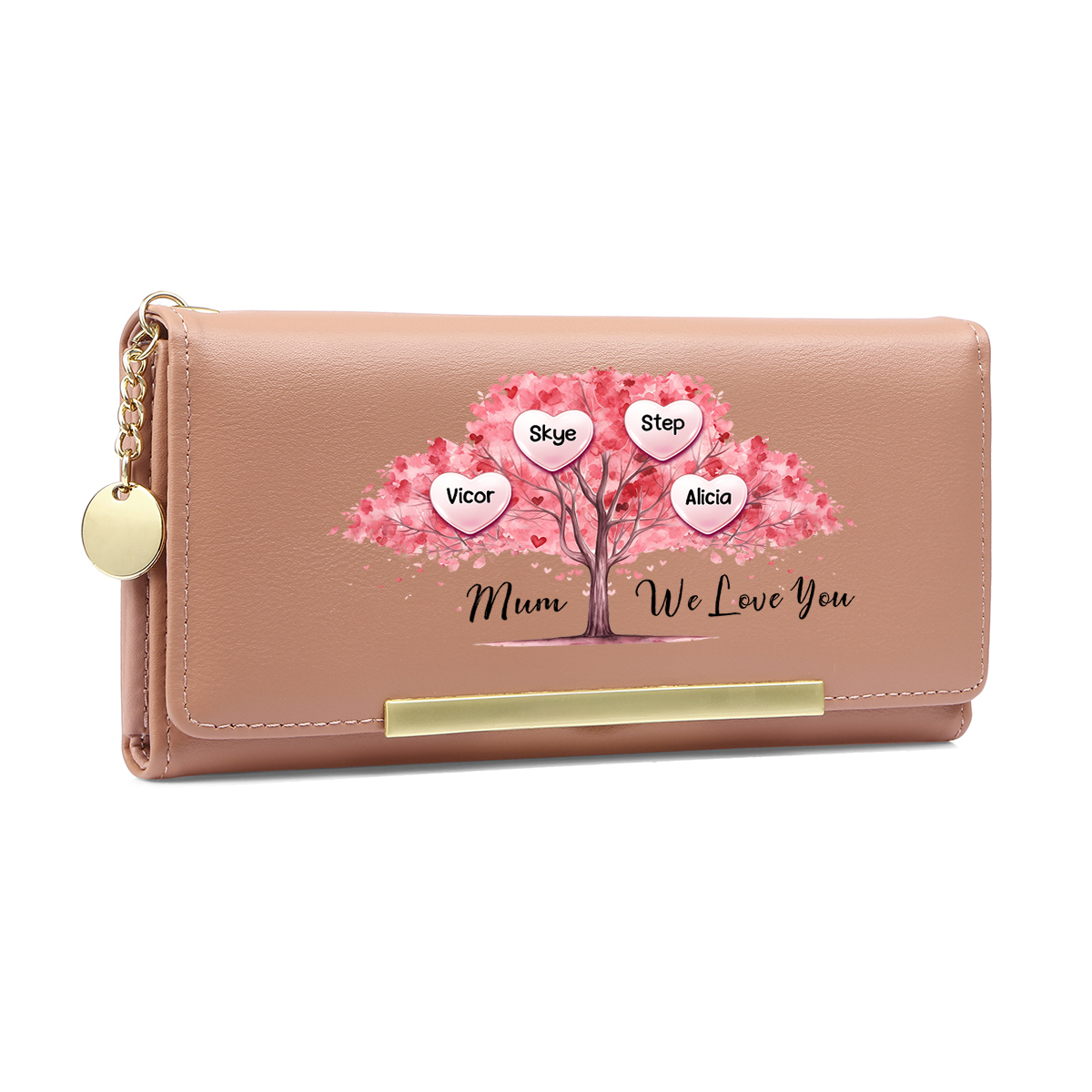 Personalised Women’s Wallet with 1 to 6 Names and a Pink Tree of Life Design