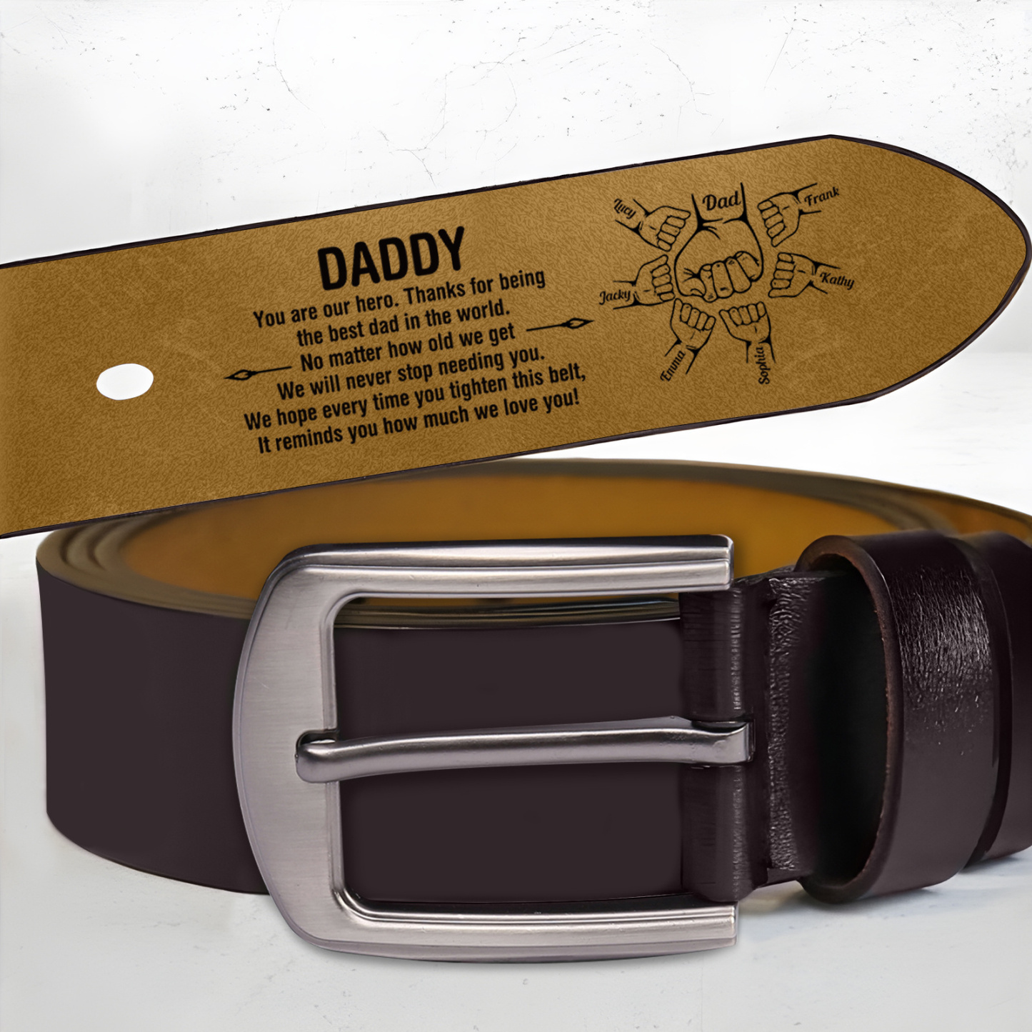 Personalised Leather Belt with 2-7 Names and Fist Bump Engraving Thoughtful Father’s Day Gift for Dad | Jessemade
