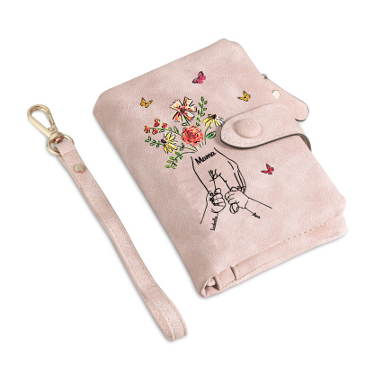 Personalised Wallet with flowers and a hand-in-hand design, with 3 to 6 names – for Mum/Grandma