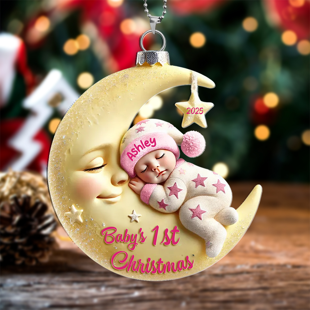 Acrylic Christmas Tree Decoration - Baby on the Moon - Baby's First Christmas