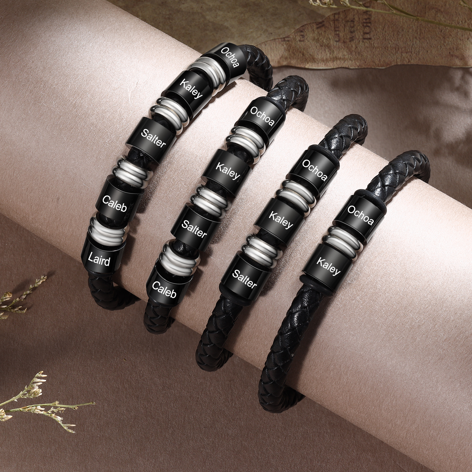 Personalised Bracelet 2-4 Names and Beads Leather Bracelet Gift for Men | Jessemade