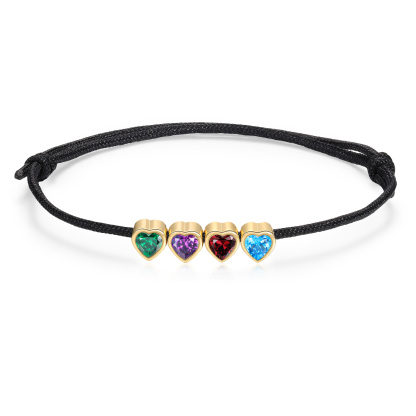 Personalised 2-5 Heart Birthstones Adjustable Rope Bracelet