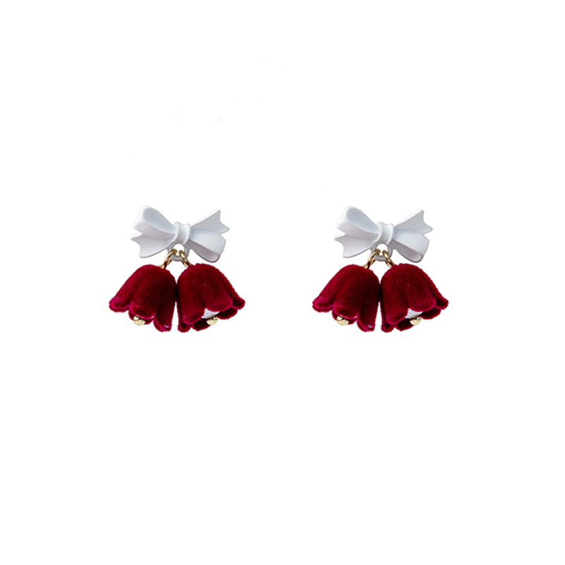Christmas Bow Bell Drop Earrings Festive Velvet Red Charm