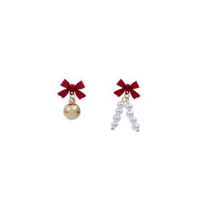 Christmas Asymmetrical Bow & Pearl Earrings Festive Holiday Gift-Jessemade AU