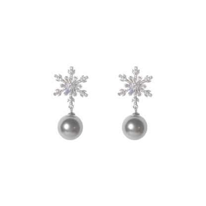 Snowflake Pearl Drop Earrings Elegant Winter Jewelry for Holiday Gifts-Jessemade AU