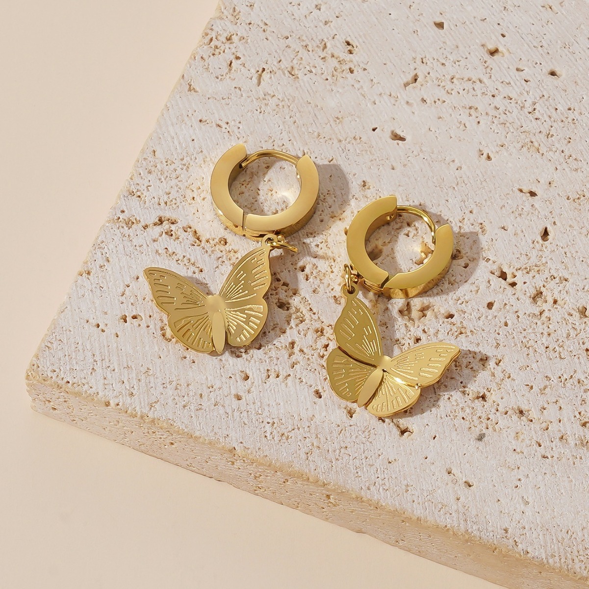 Gold Butterfly Hoop Earrings – Dainty Engraved Charm Drop Earrings | Nature-Inspired Minimalist Jewellery for Women | Jessemade