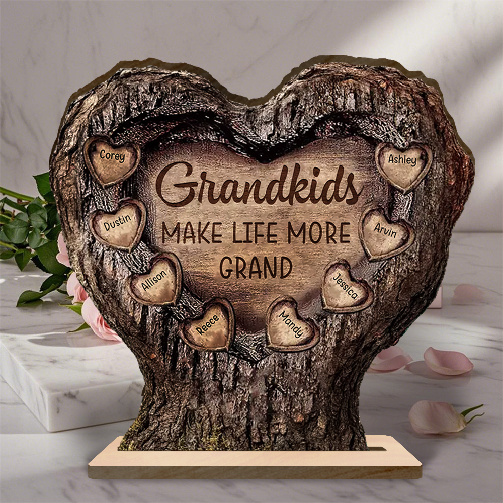 Personalised wooden tree-trunk heart plaque with grandchildren's names, gift for Grandpa and Grandma