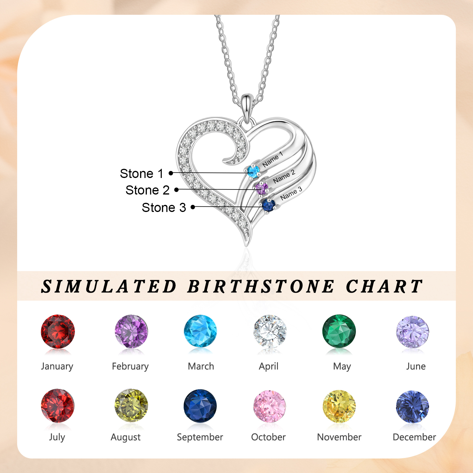 Personalised Heart Necklace with Birthstones, Customised with 2–4 Family Names