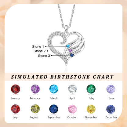 Personalised Heart Necklace with Birthstones, Customised with 2–4 Family Names