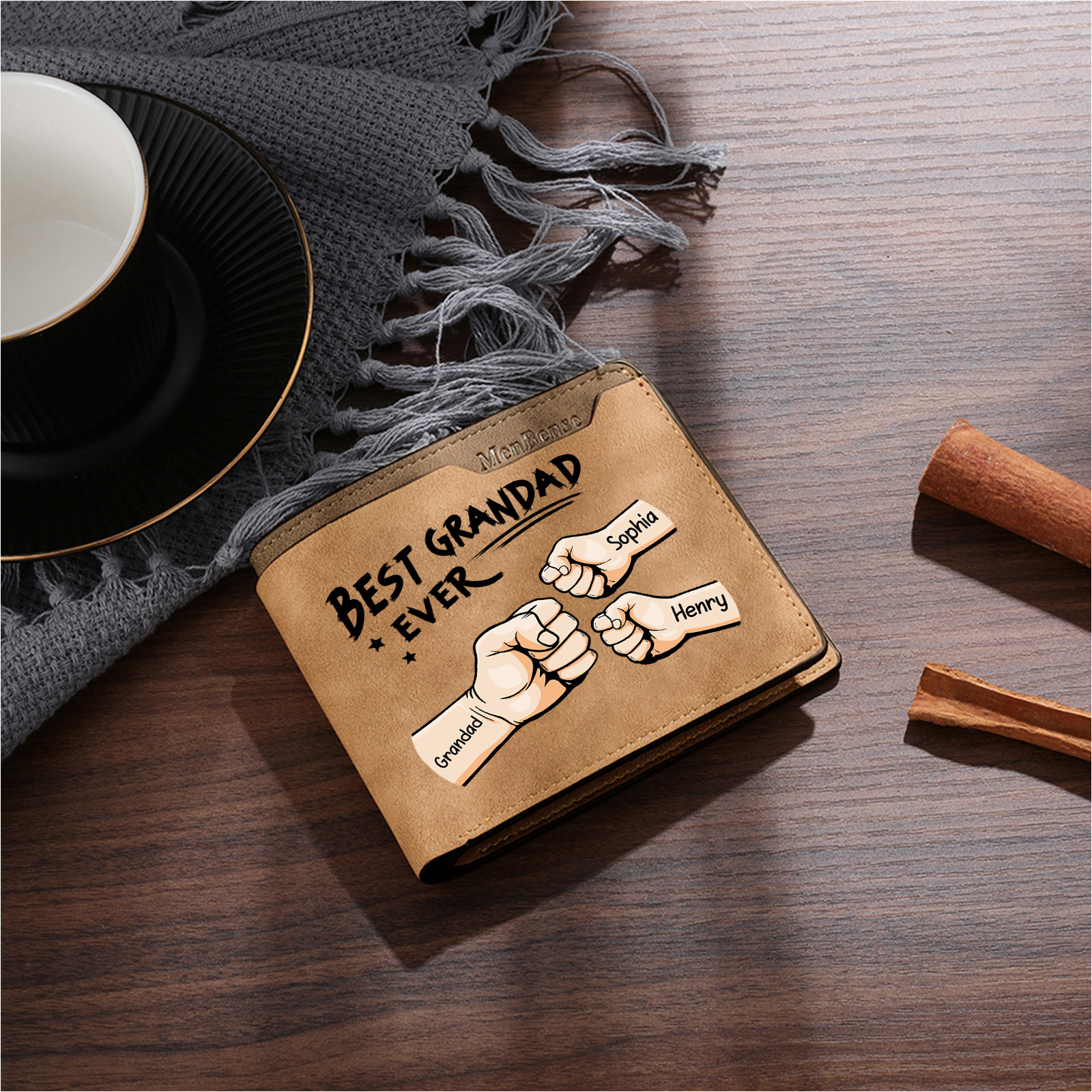 Personalised Leather Wallet with 2-7 Kids' Names and Fists Best Grandad Ever Wallet | Grandparents' Day Gifts for Grandad | Jessemade