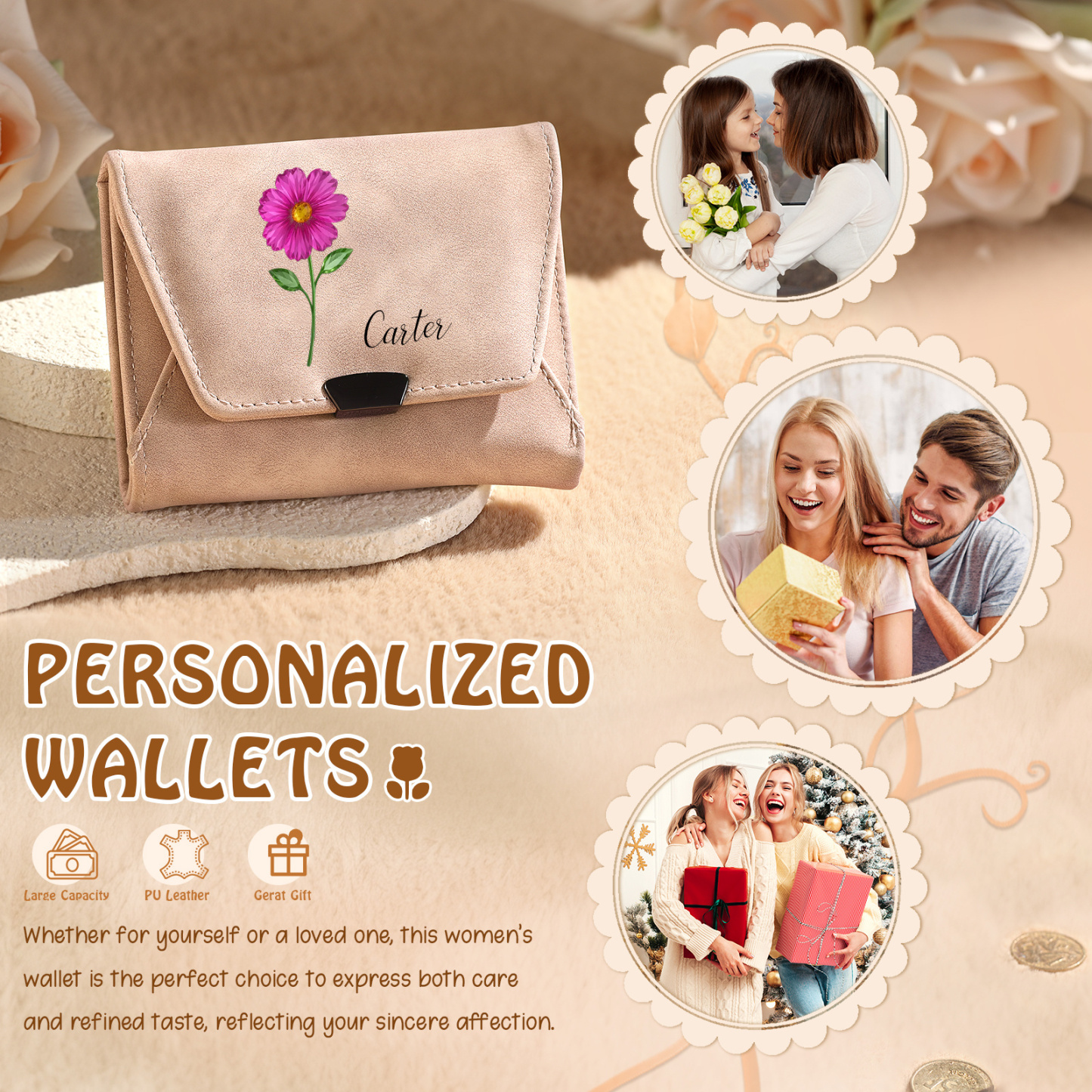 Personalised women’s leather wallet with birth flower and name