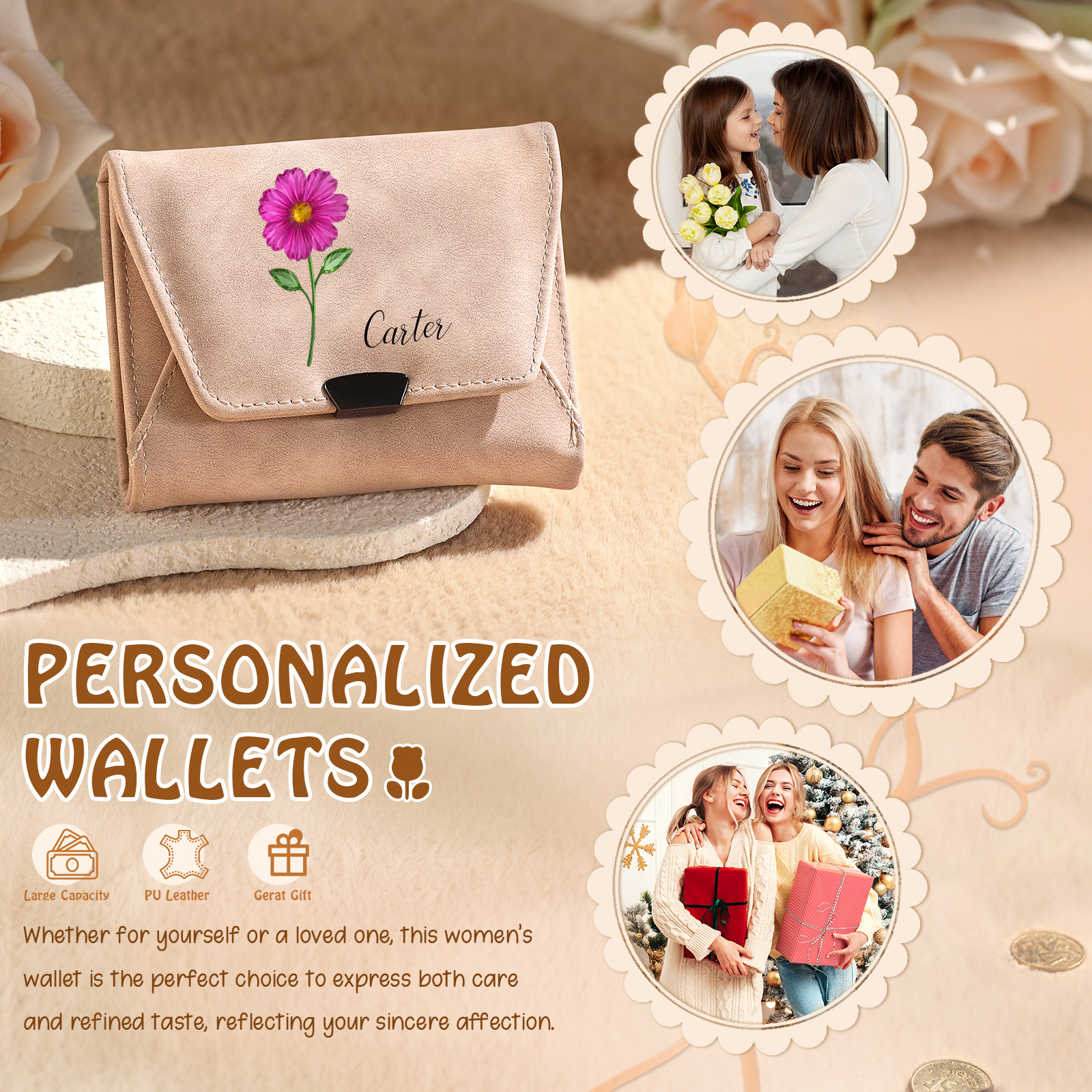 Personalised women’s leather wallet with birth flower and name