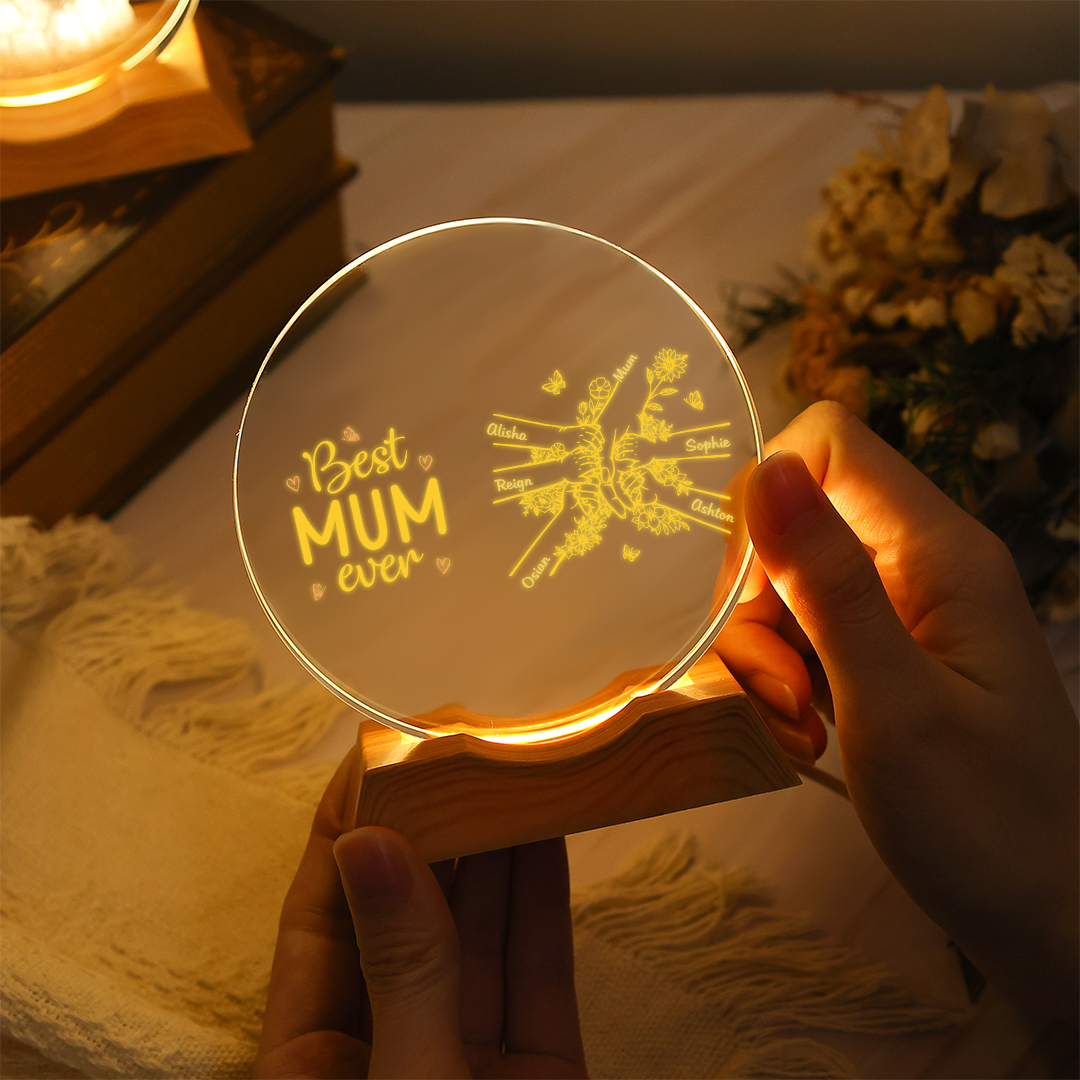 Personalised 2-7 Names Crystal LED Best Mum Ever Round Night Light
