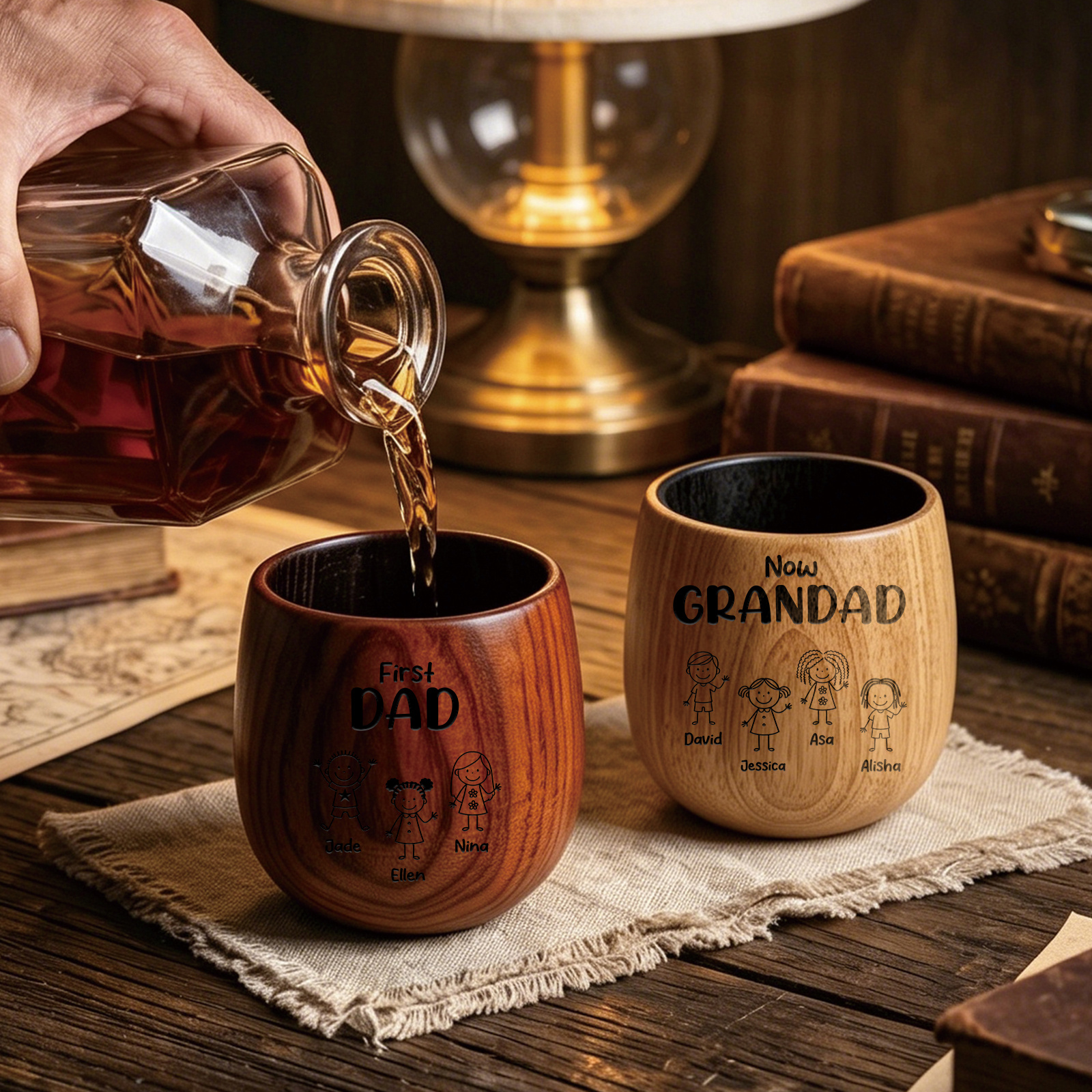 Personalised Wooden Whisky Tumbler for Dad or Grandad – 2 to 16 Children and Names