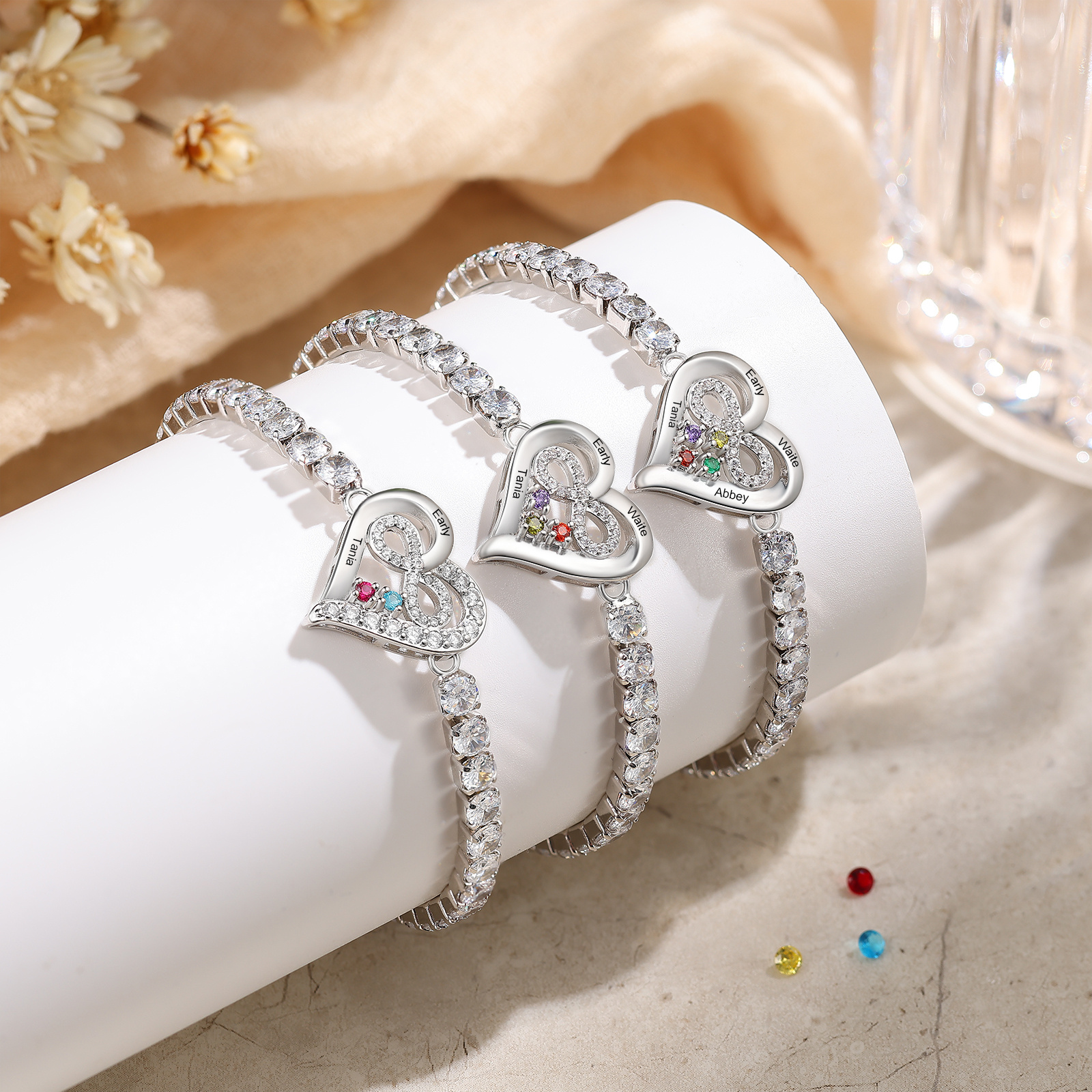 Personalised Birthstone Heart Tennis Infinity Loop Bracelet