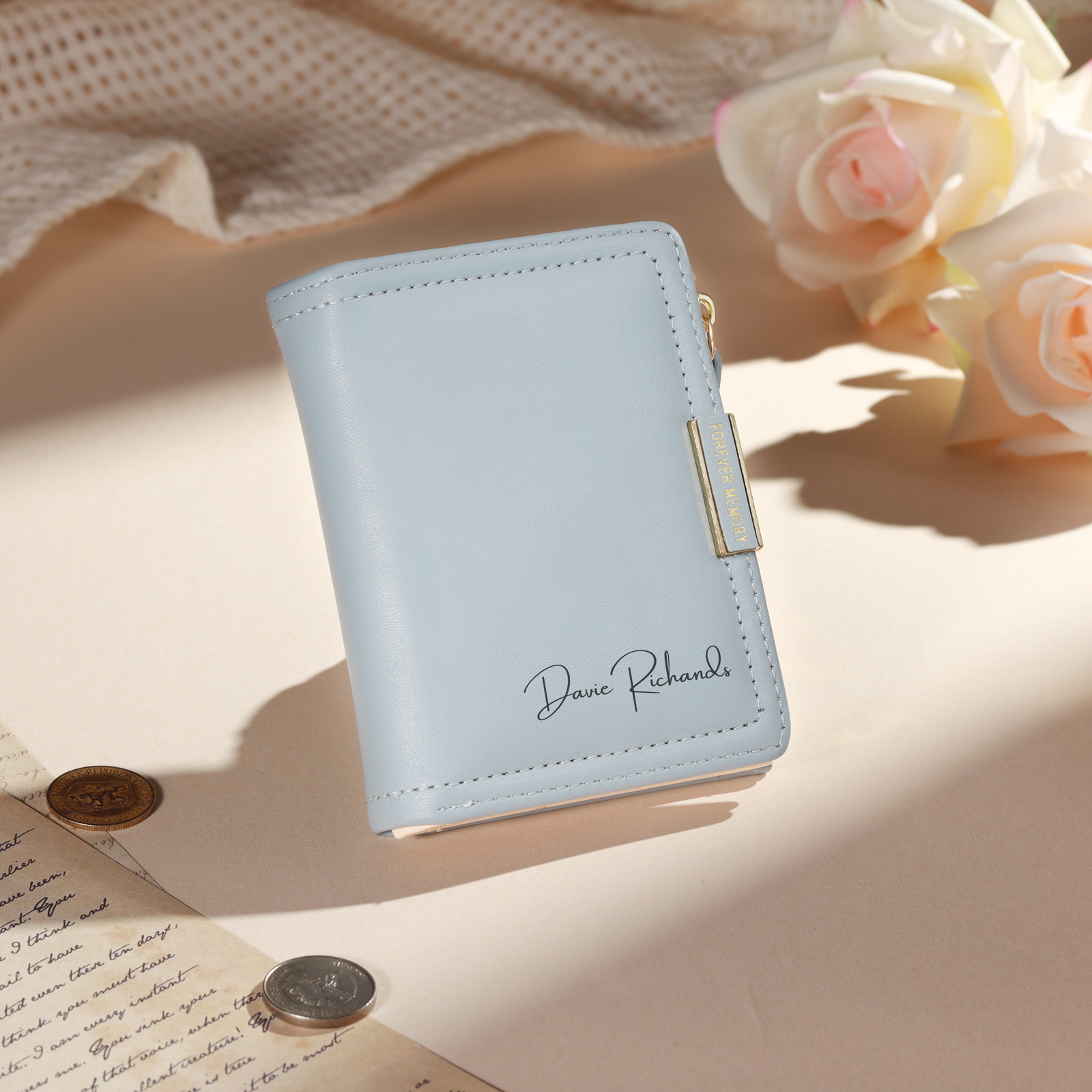 Personalised Leather Zipped Wallet Customised with Photo and Engraved Name