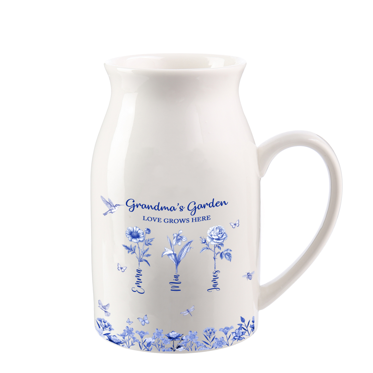 Grandma’s Garden Ceramic jug Vase, blue-and-white floral pattern