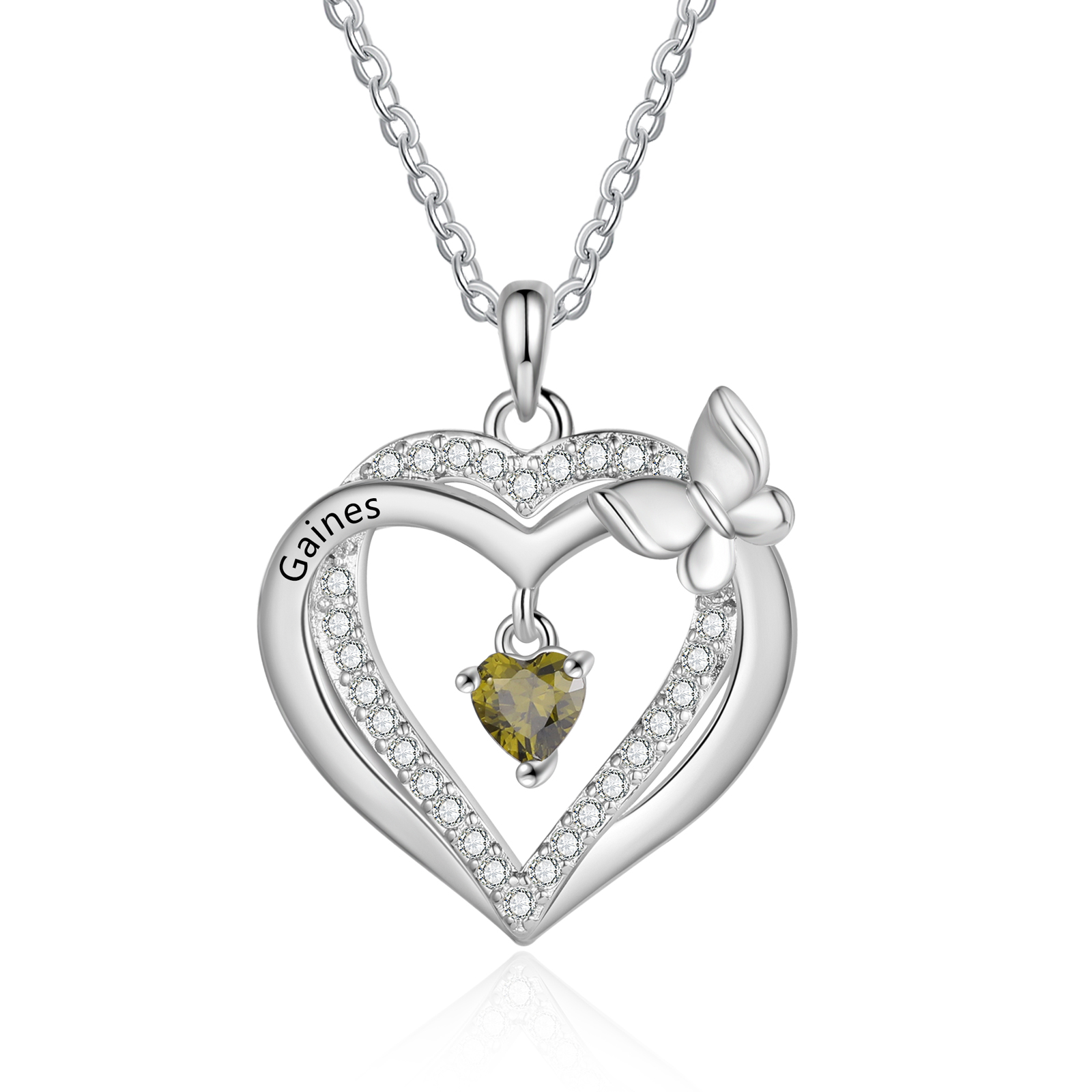Personalised 1-3 Names Butterfly Heart Birthstone Necklace