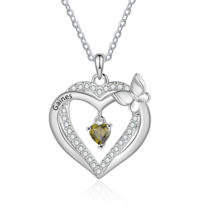 Personalised 1-3 Names Butterfly Heart Birthstone Necklace