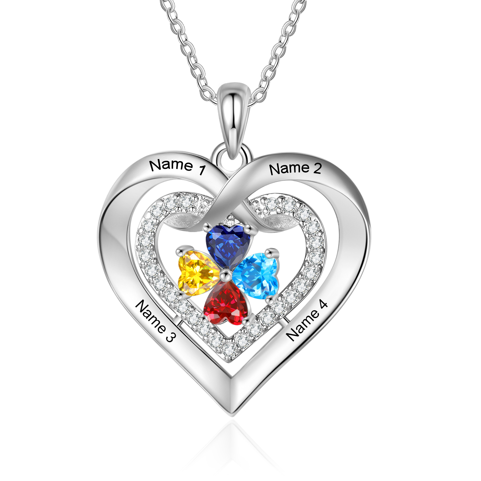 Personalised Double Heart 2-4 Birthstones Name Necklace