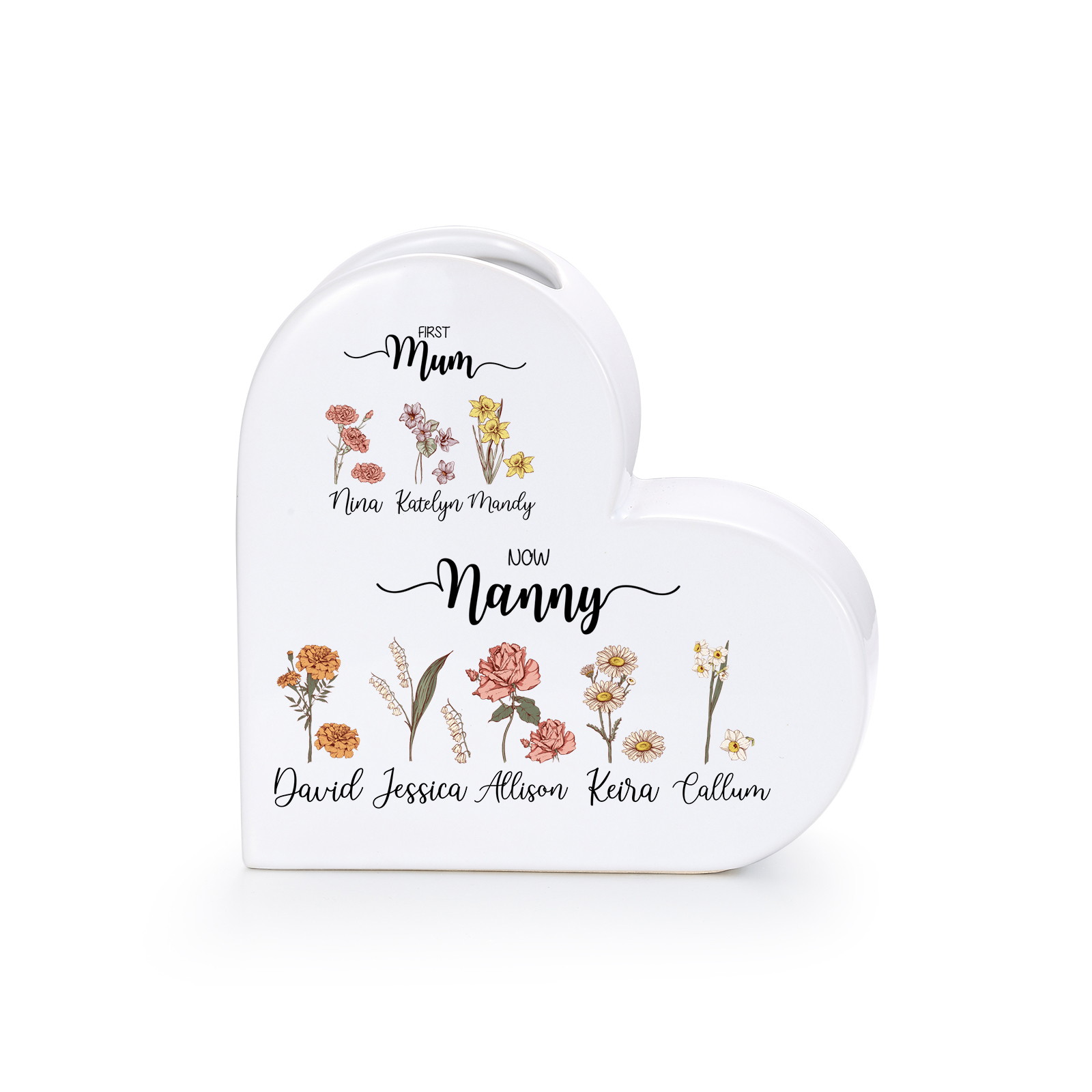 Personalised Ceramic Heart Vase with 2 to 10 Names and Birth Flowers, Mother’s Day gift for Grandma and Mum