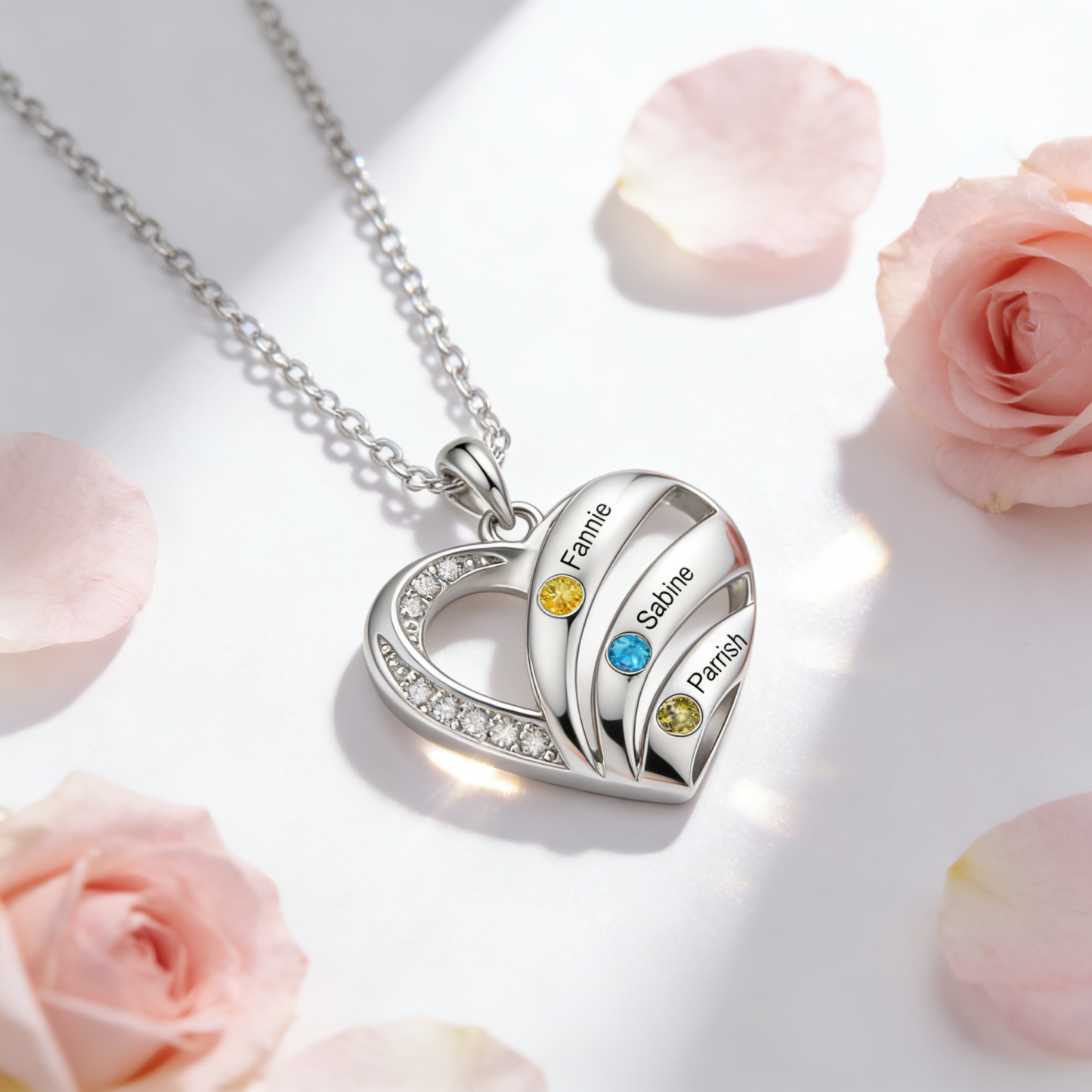 Personalised Heart Necklace with Birthstones, Customised with 3–5 Names and Stones
