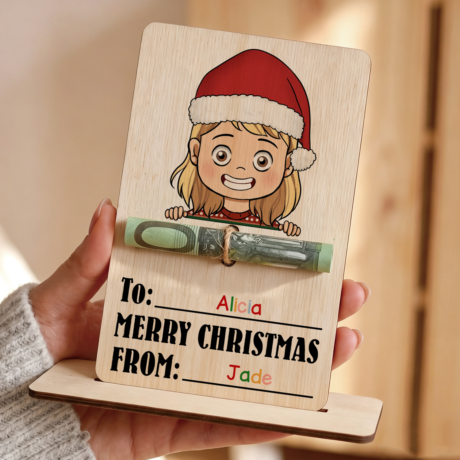 Personalised Wooden Christmas Money Holder with 2 Names – Cash Gift Card for Child