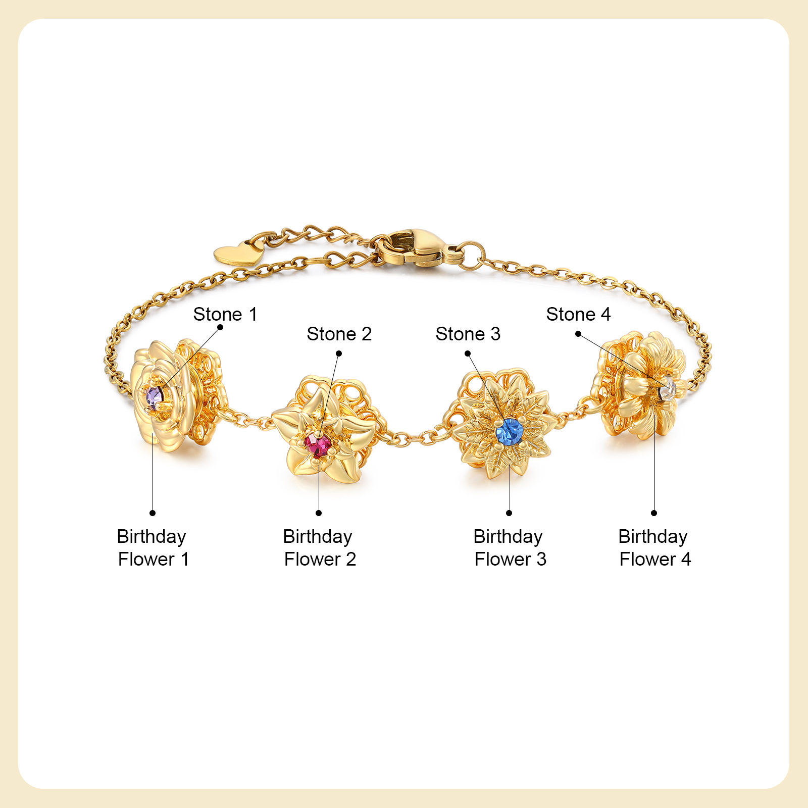 Personalised Women's Bracelet with 2-4 Birthstones and Birth Flowers, Rotating Bracelet for Women | Jessemade