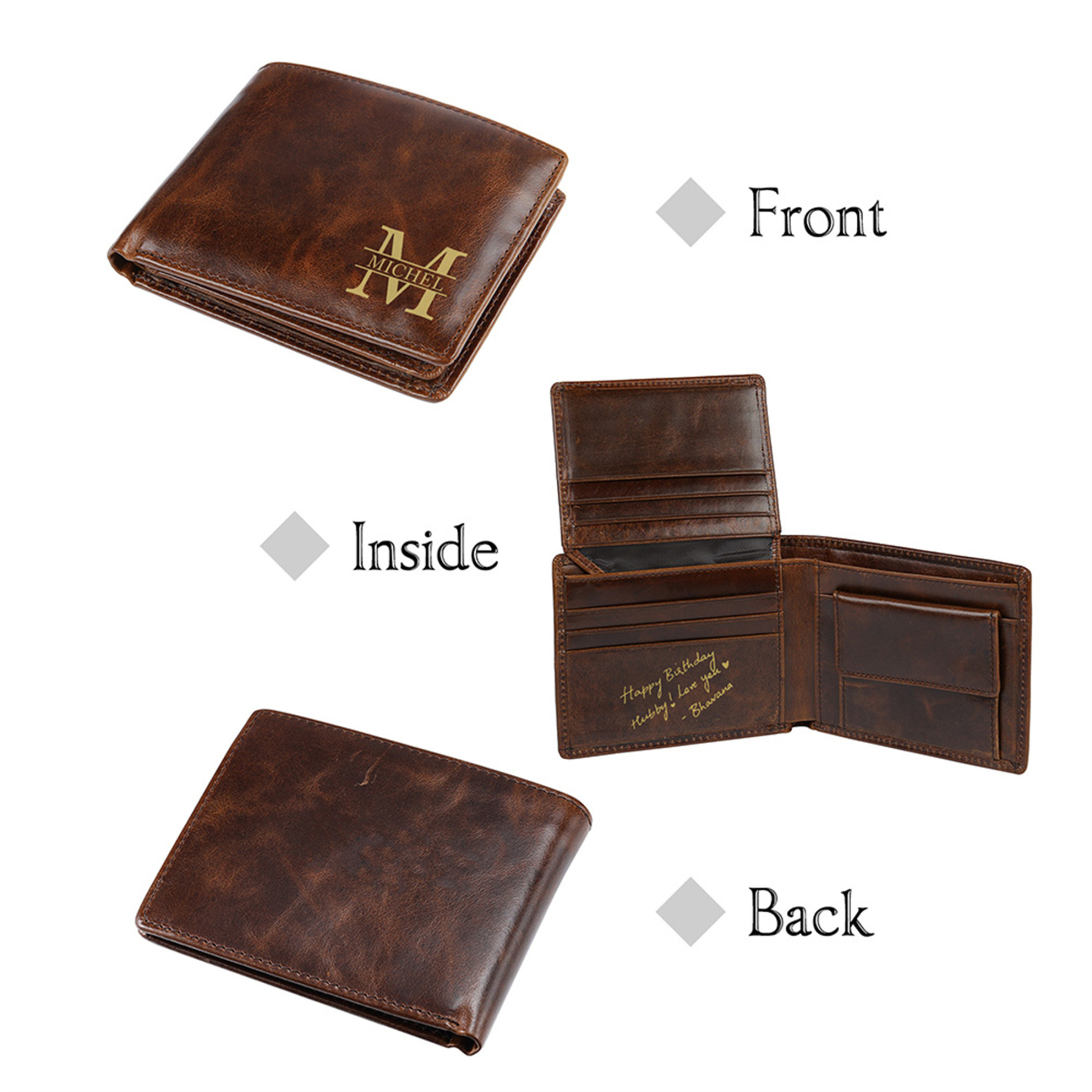 Personalized Genuine Leather folding men's Wallet Gift for Him