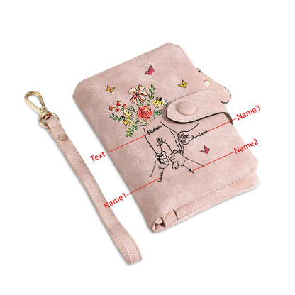 Personalised Wallet with flowers and a hand-in-hand design, with 3 to 6 names – for Mum/Grandma