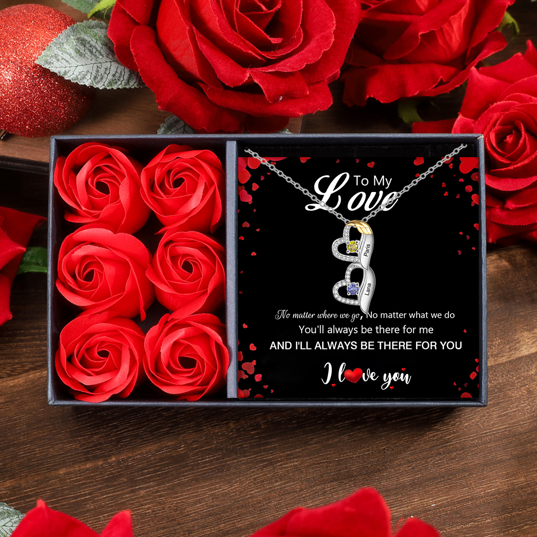 Personalised Heart Pendant Necklace Custom 2 Birthstones & 2 Names Valentine Gift To My Love