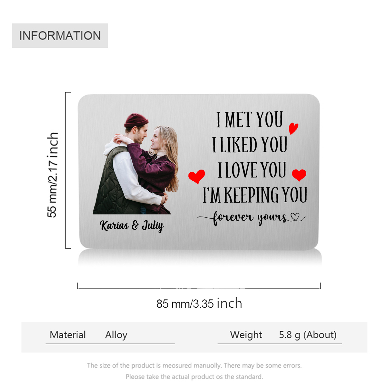 Couple Wallet Card Custom Photo Personalised with 2 Names Wallet Insert Card-Jessemade AU