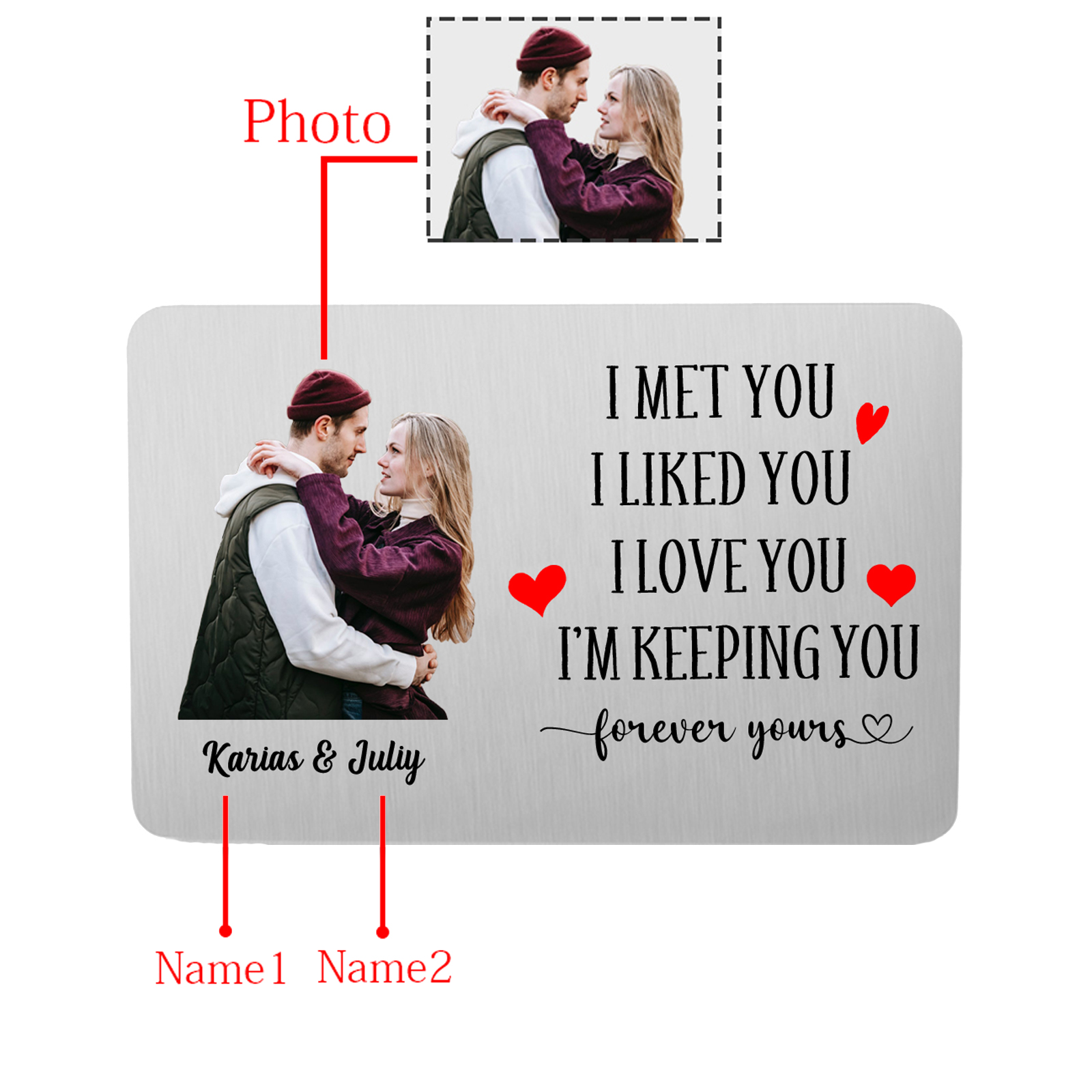 Couple Wallet Card Custom Photo Personalised with 2 Names Wallet Insert Card