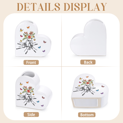 Personalised Ceramic Heart Vase (2–8 Names), “Hand in Hand” Motif, Gift for Mum or Grandma