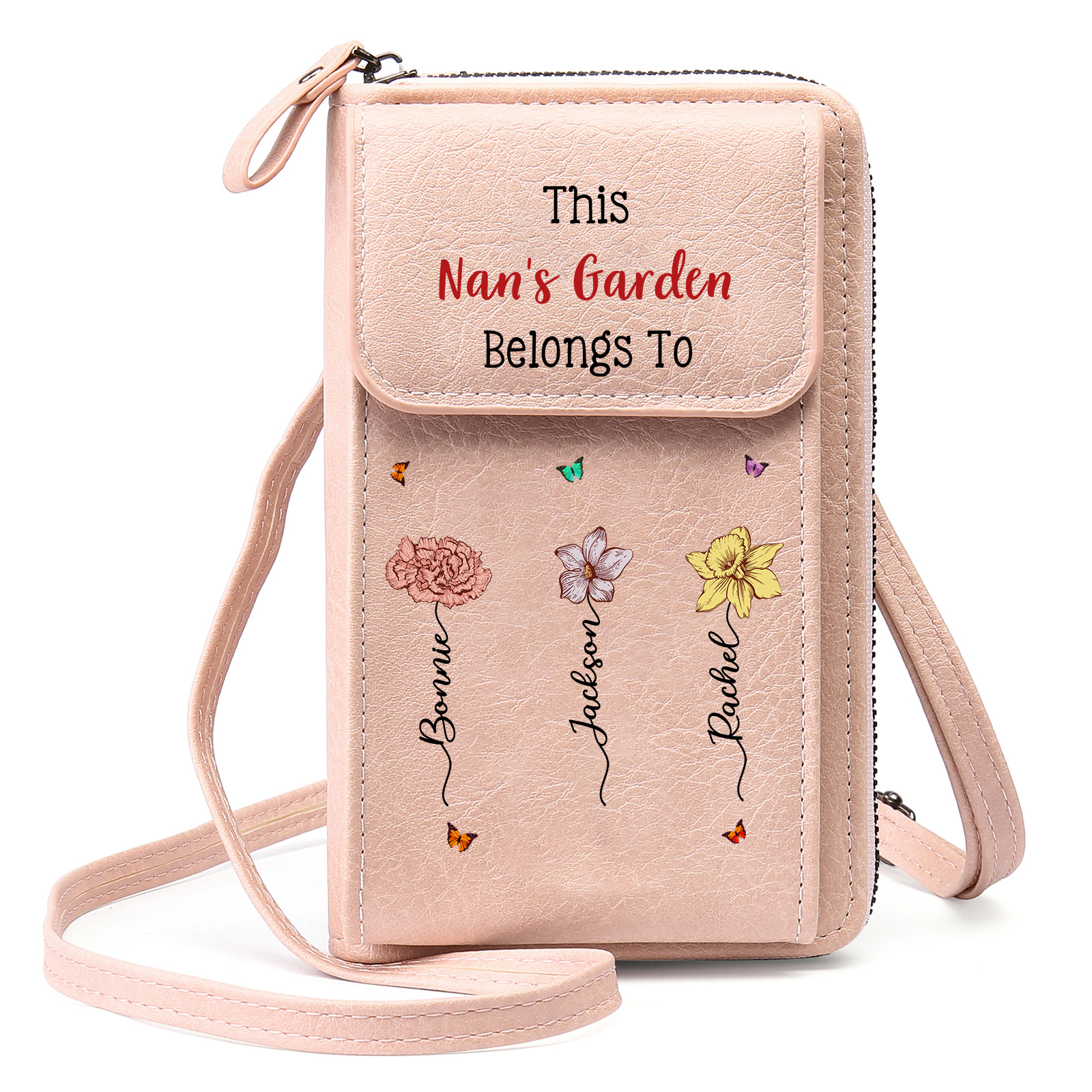 Personalised Crossbody Phone Purse Custom 1-6 Names & Birthflower Wallet Birthday Gift for Nan | Jessemade