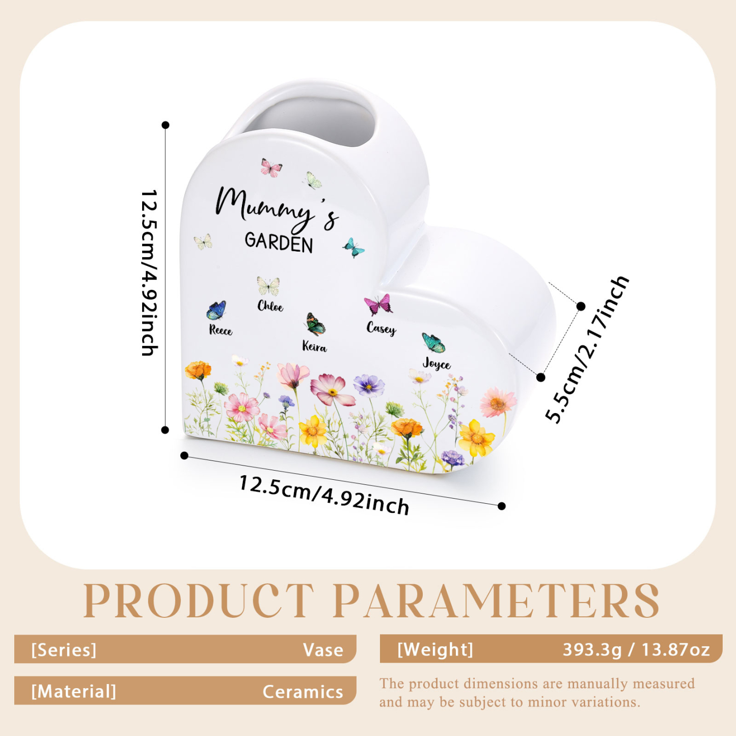 Personalised Ceramic Heart Vase with 1–10 Names and Butterflies for Mum or Grandma