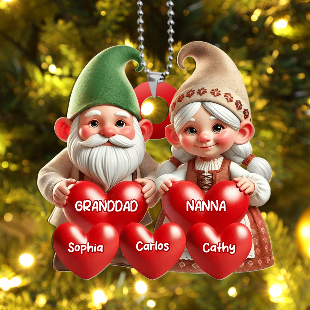 Christmas Tree Decoration Gnome Family - Personalised Hearts and Name