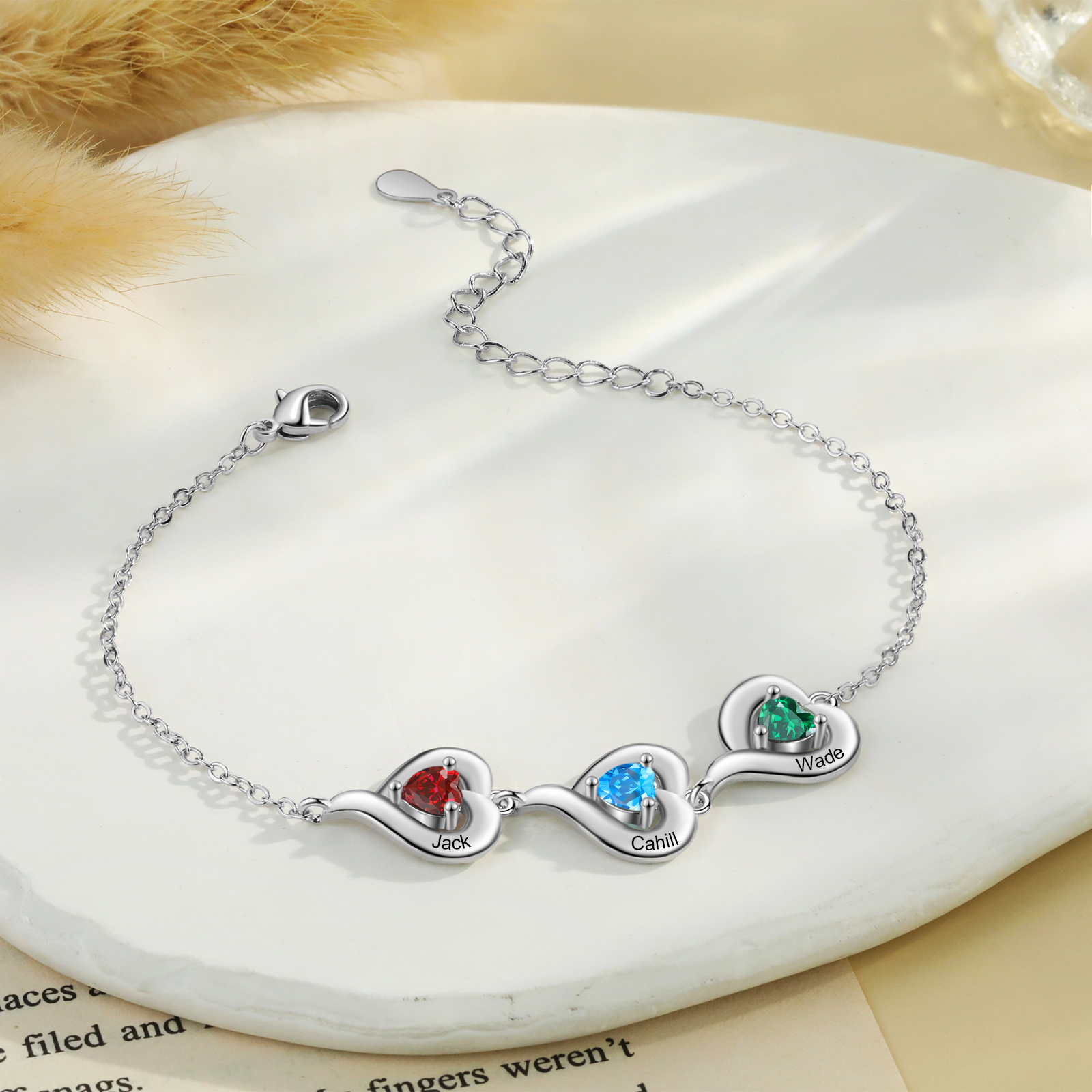 Personalised 1-5 Names Adjustable Heart Birthstone Bracelet