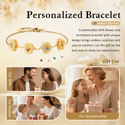 Personalised Women's Bracelet with 2-4 Birthstones and Birth Flowers, Rotating Bracelet for Women | Jessemade