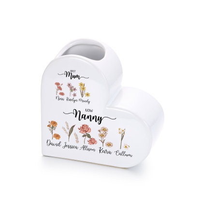 Personalised Ceramic Heart Vase with 2 to 10 Names and Birth Flowers, Mother’s Day gift for Grandma and Mum