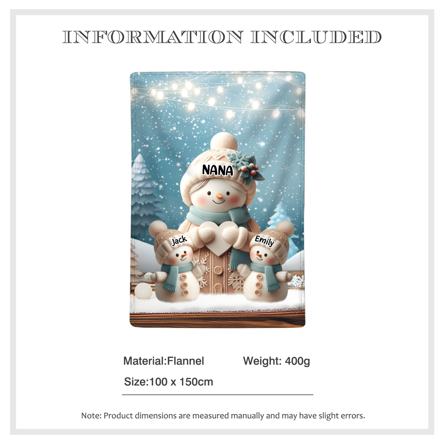 Personalised Snowman Family Blanket with Custom 3 Names Cozy Gift for Family-Jessemade AU