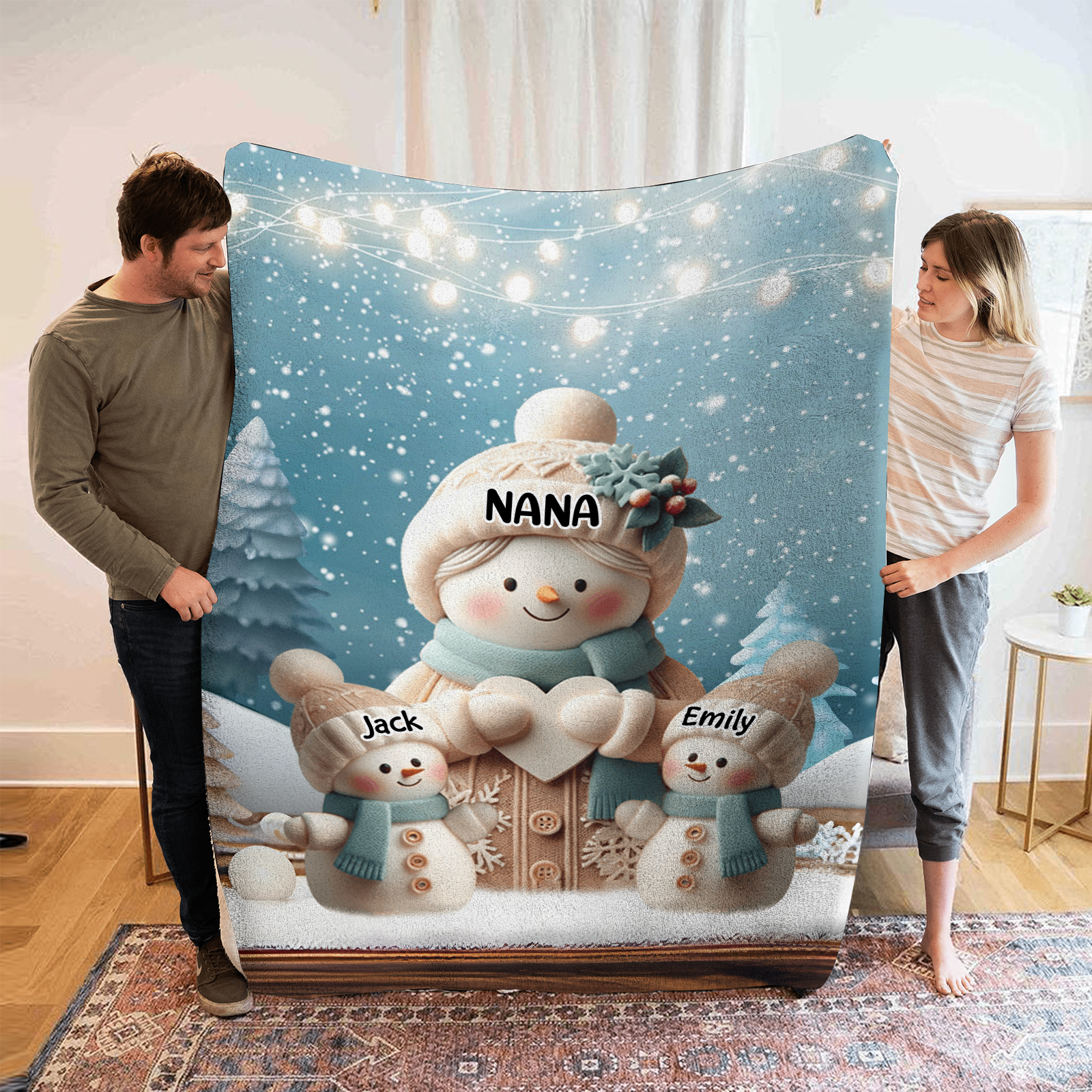 Personalised Snowman Family Blanket with Custom 3 Names Cozy Gift for Family