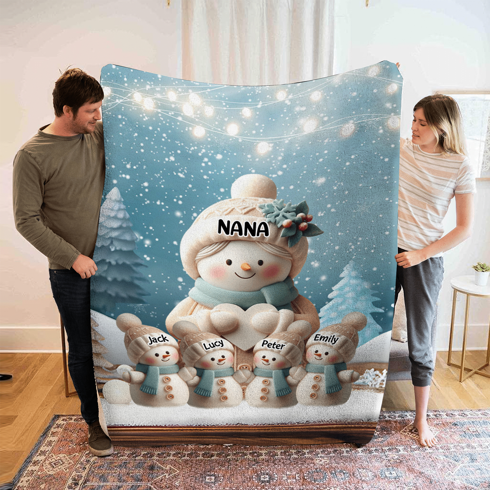 Personalised Snowman Family Blanket with Custom 5 Names Cozy Gift for Family